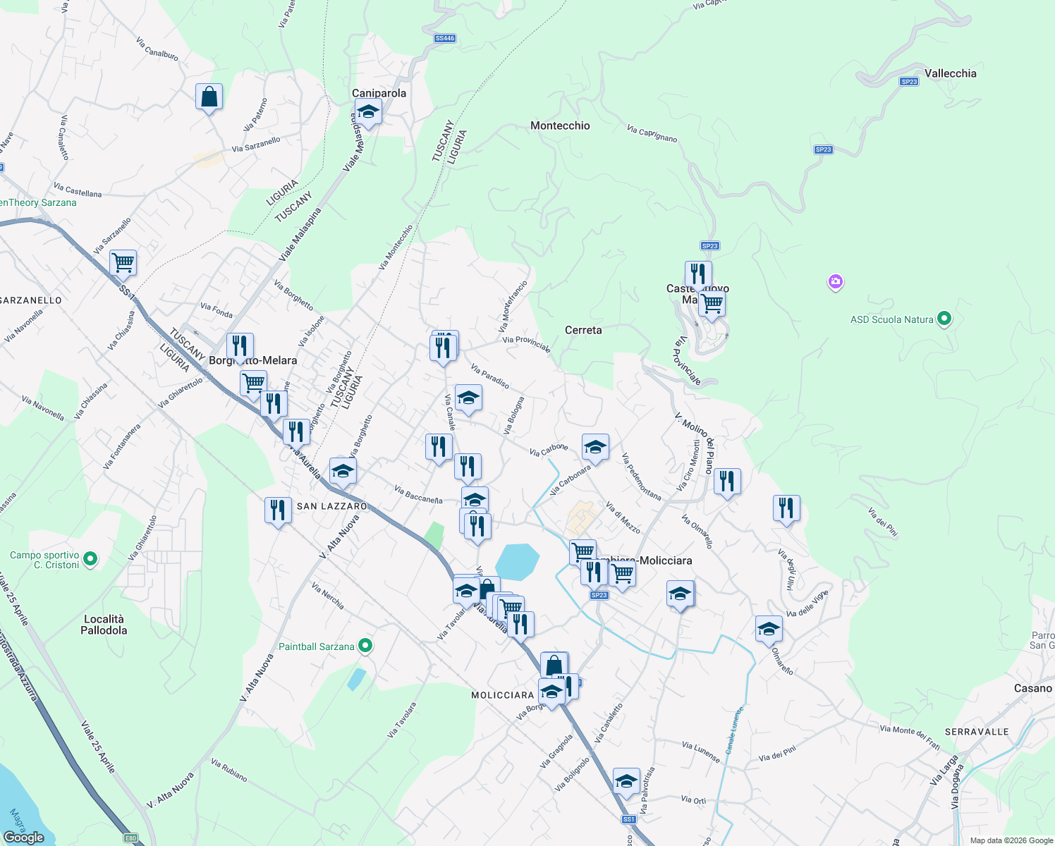 map of restaurants, bars, coffee shops, grocery stores, and more near 17 Via Carbone in Colombiera-molicciara