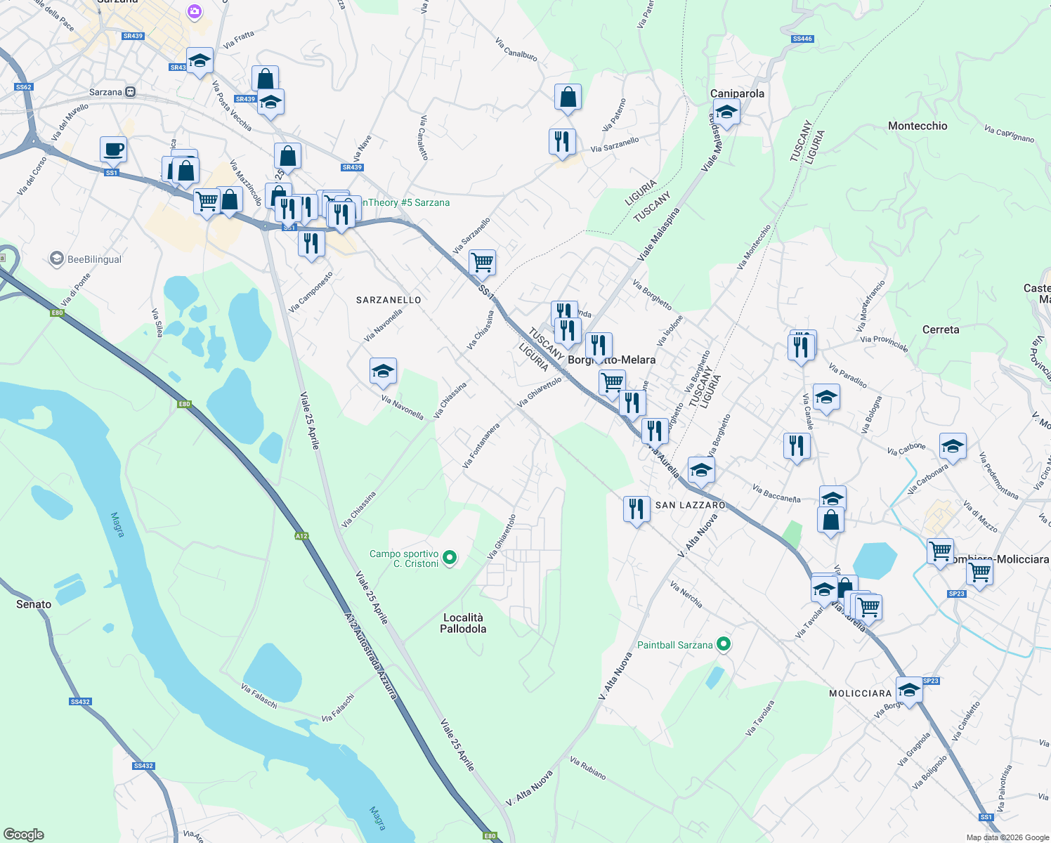 map of restaurants, bars, coffee shops, grocery stores, and more near 10 Via Ghiarettolo in Sarzana