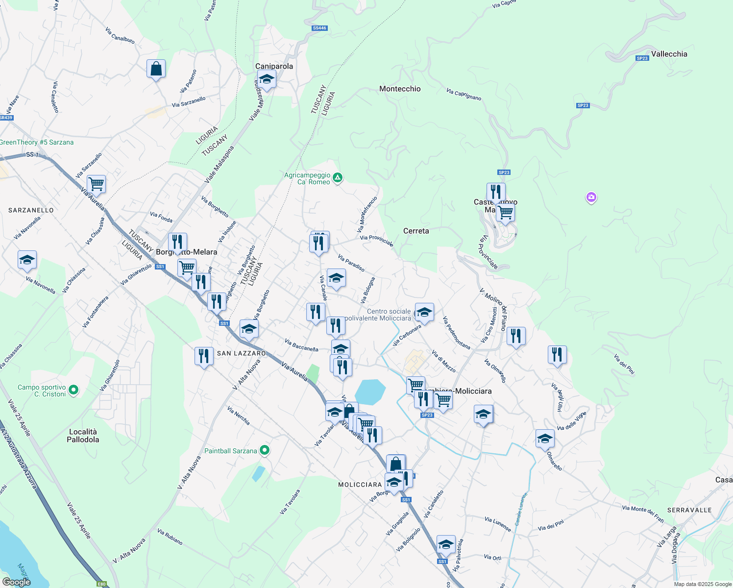 map of restaurants, bars, coffee shops, grocery stores, and more near 12 Via Carbone in Colombiera-molicciara