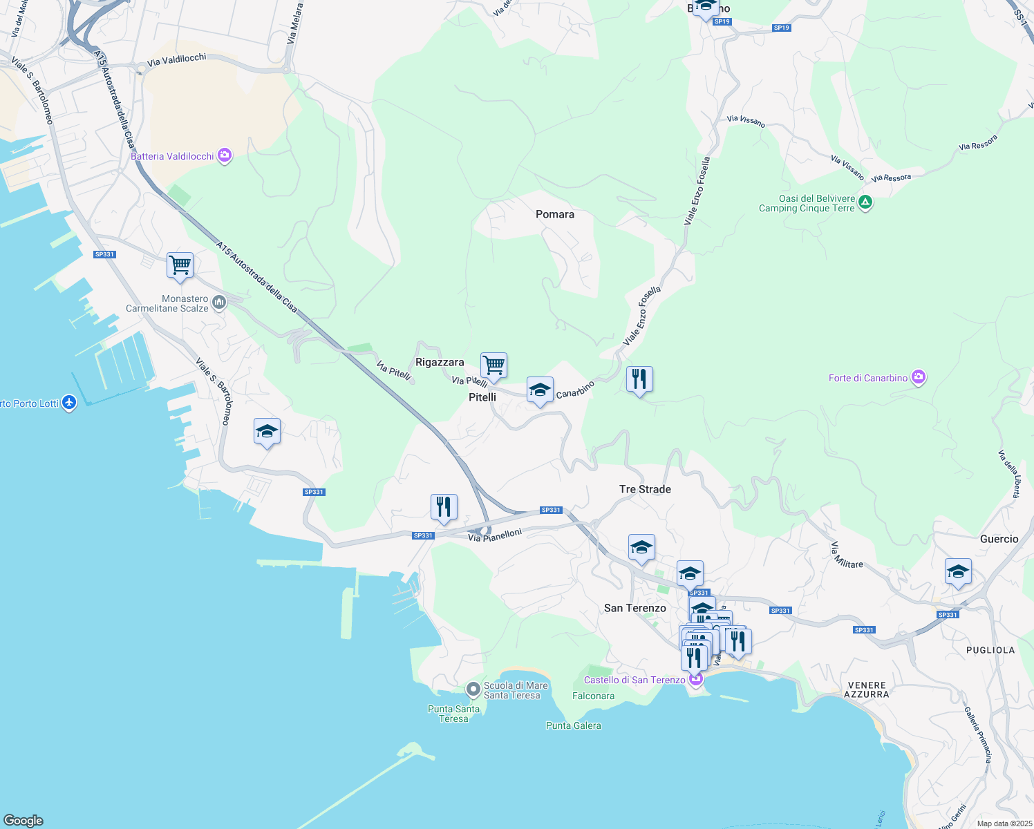 map of restaurants, bars, coffee shops, grocery stores, and more near 150 Via Umberto Biancamano in Lerici