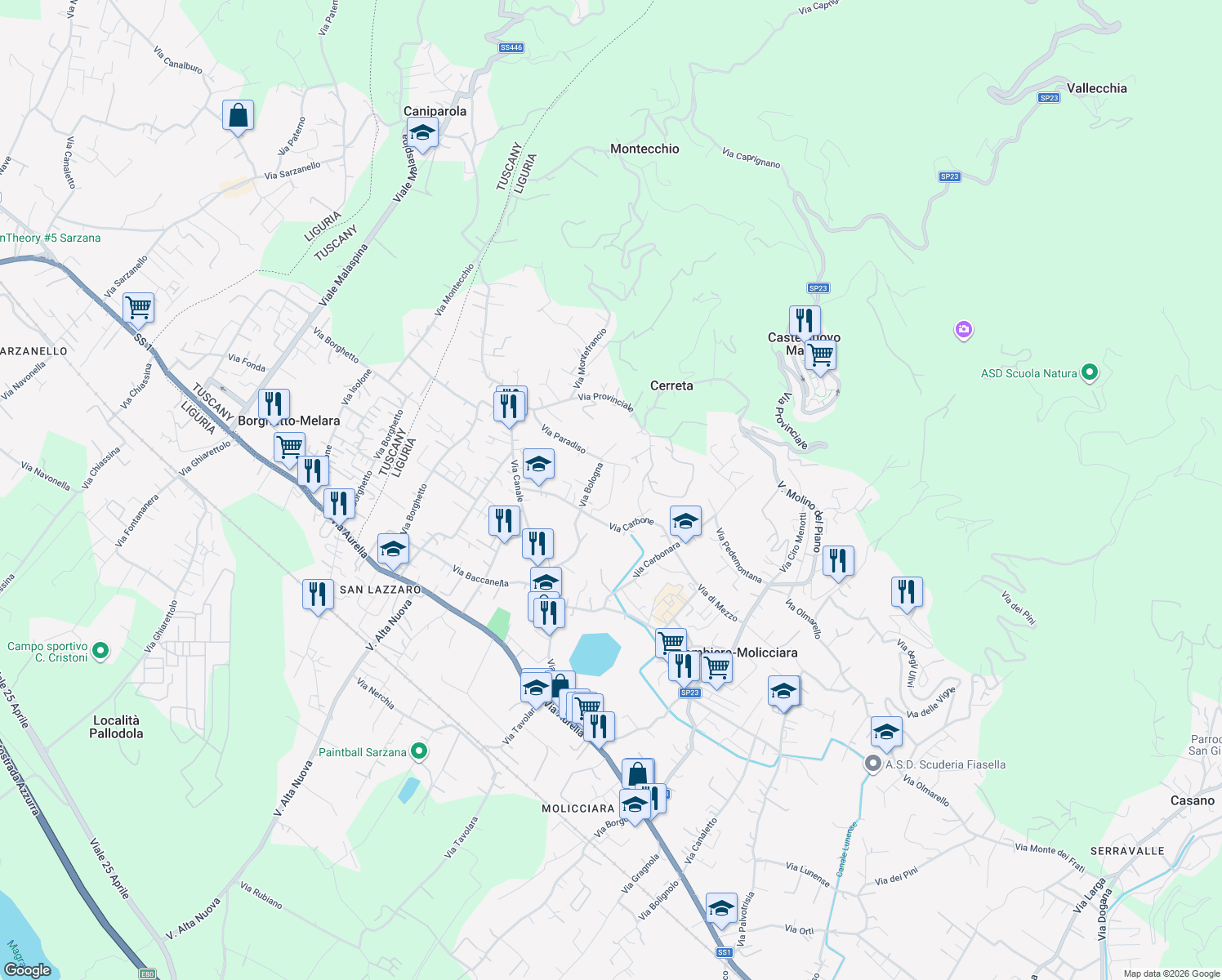 map of restaurants, bars, coffee shops, grocery stores, and more near 17 Via Carbone in Colombiera-molicciara
