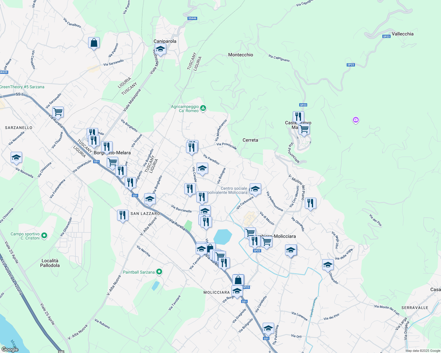 map of restaurants, bars, coffee shops, grocery stores, and more near 12 Via Bologna in Colombiera-Molicciara