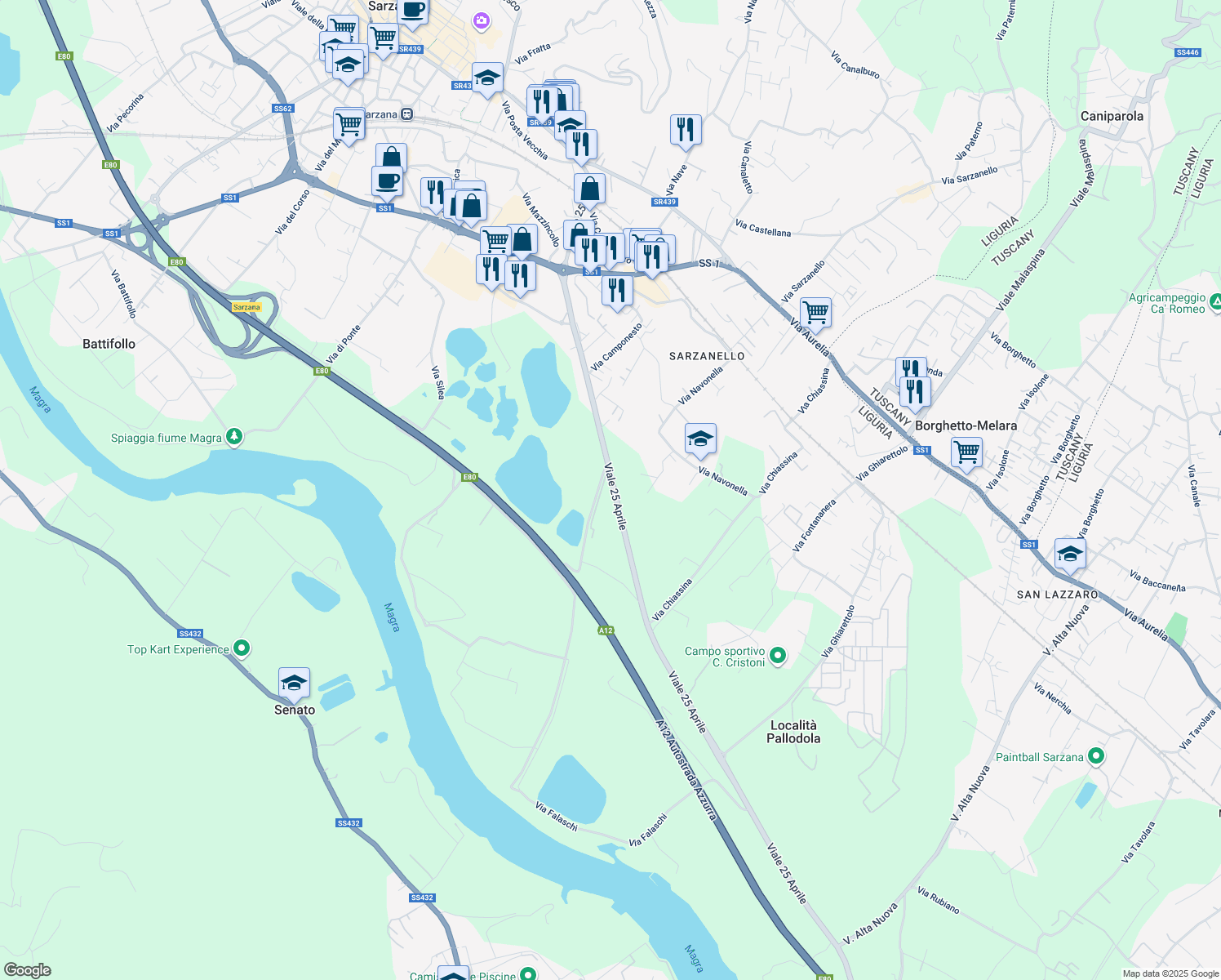 map of restaurants, bars, coffee shops, grocery stores, and more near in Sarzana
