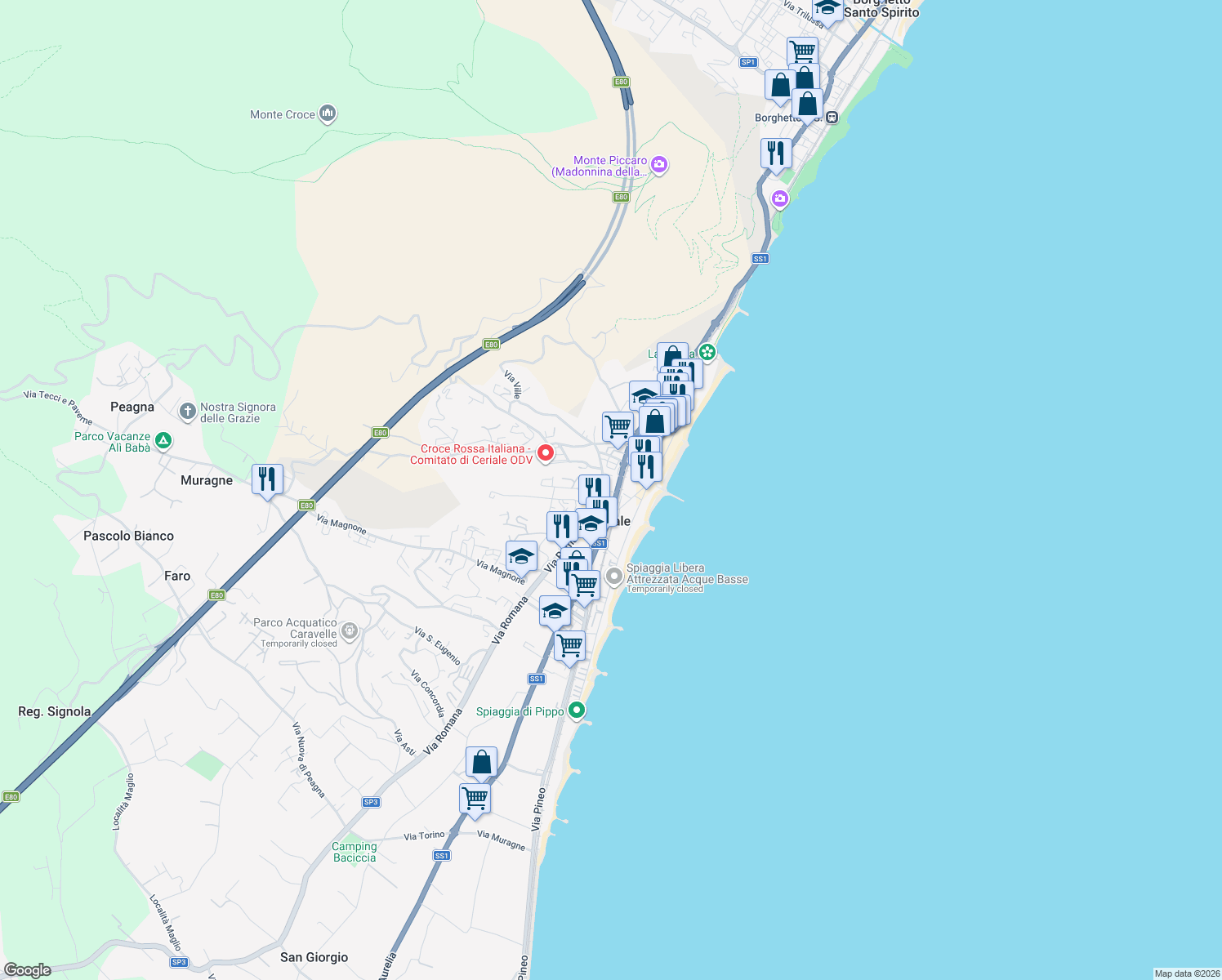 map of restaurants, bars, coffee shops, grocery stores, and more near 45 Via Pontetto in Ceriale