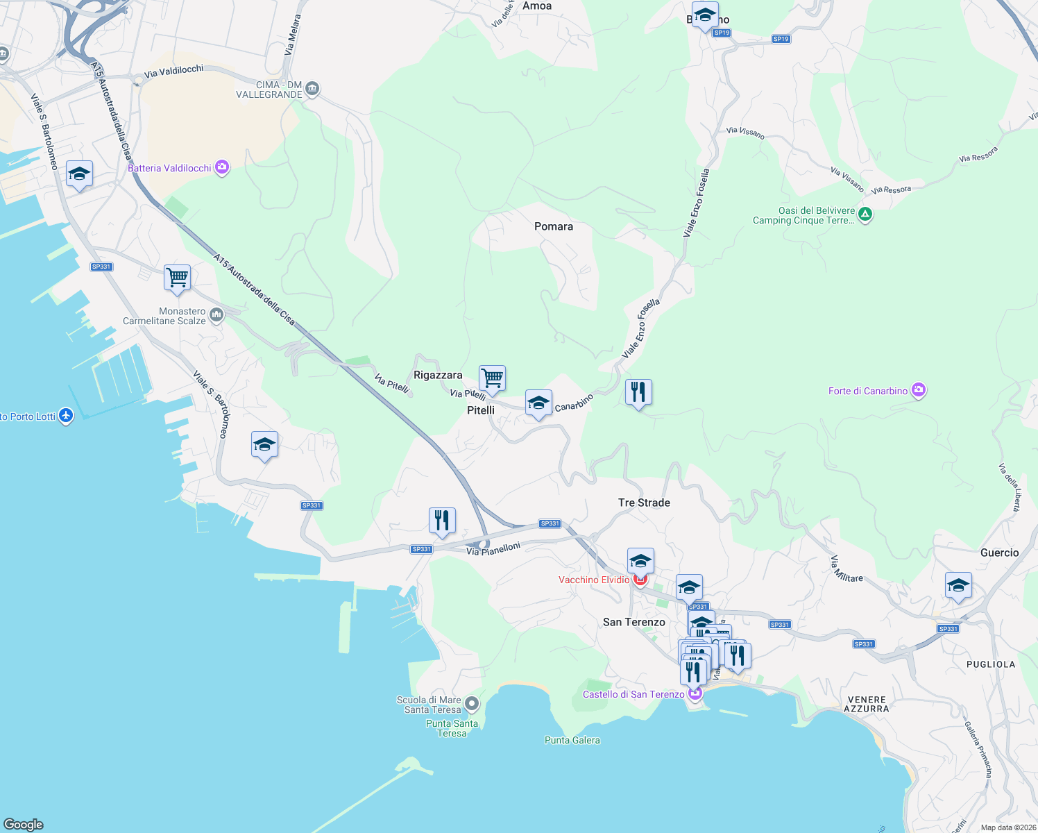 map of restaurants, bars, coffee shops, grocery stores, and more near 16 Via Canarbino in Pitelli