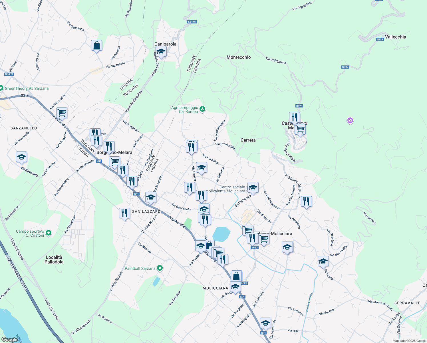 map of restaurants, bars, coffee shops, grocery stores, and more near 12 Via Bologna in Colombiera-Molicciara