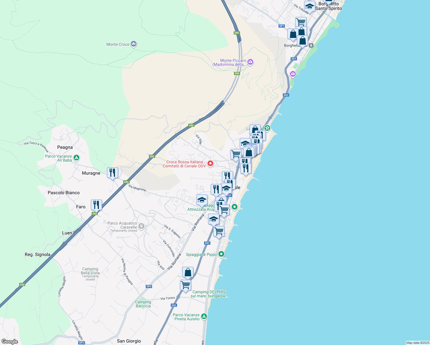 map of restaurants, bars, coffee shops, grocery stores, and more near 42b Via Pomaire in Ceriale