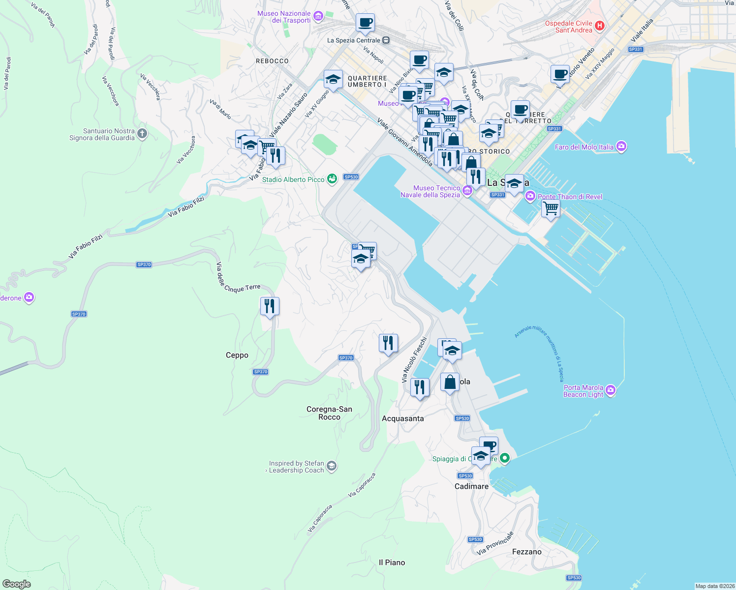 map of restaurants, bars, coffee shops, grocery stores, and more near 17 Via Fontanella in La Spezia
