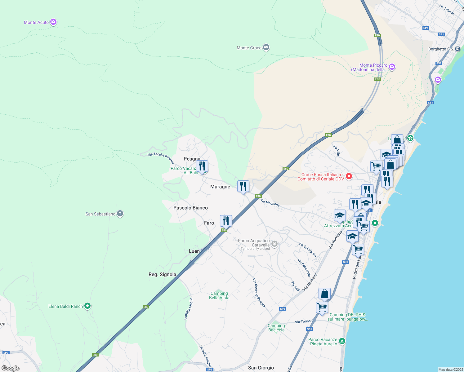 map of restaurants, bars, coffee shops, grocery stores, and more near 52 Via Nostra Signora delle Grazie in Provincia di Savona