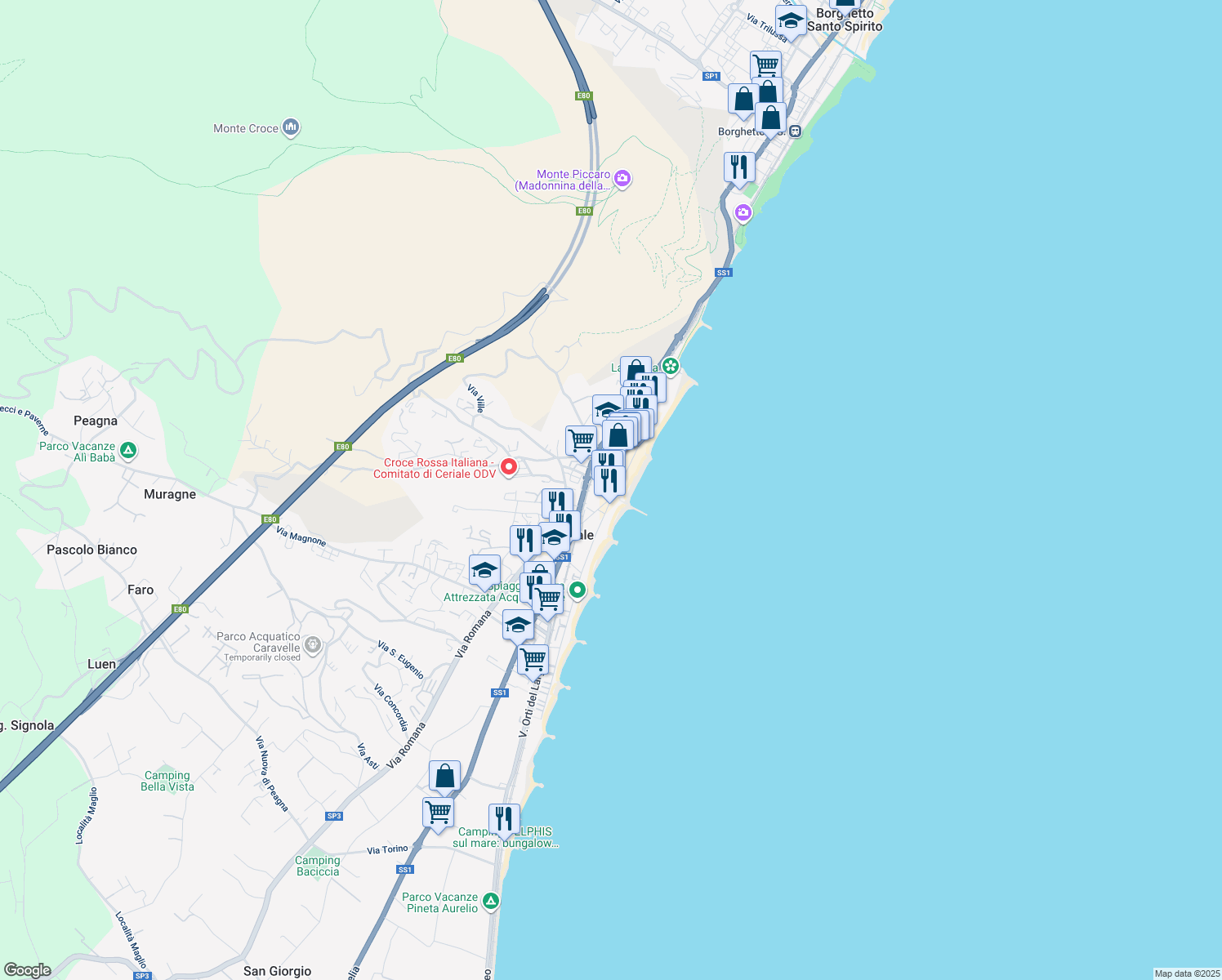 map of restaurants, bars, coffee shops, grocery stores, and more near 59 Via I Maggio in Ceriale