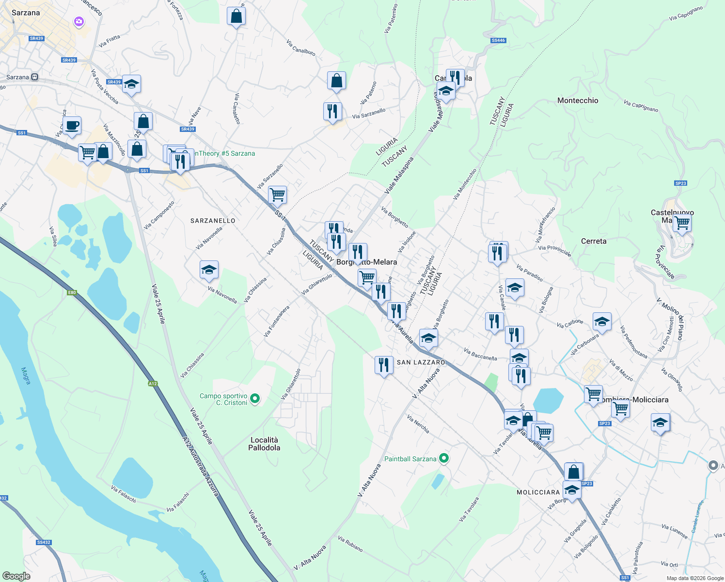 map of restaurants, bars, coffee shops, grocery stores, and more near 32A Via Aurelia in Borghetto-melara