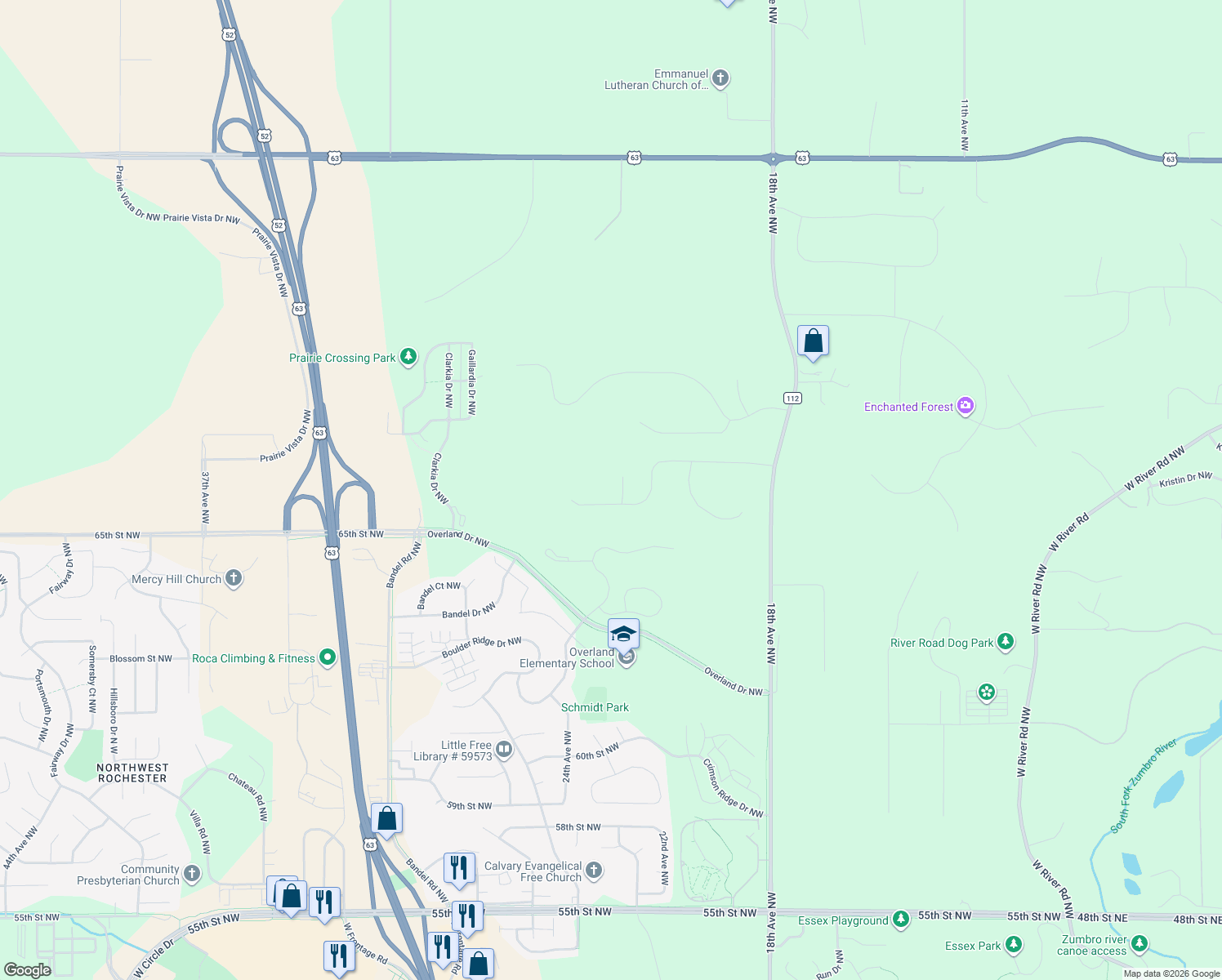 map of restaurants, bars, coffee shops, grocery stores, and more near 2205 67th Street Northwest in Rochester