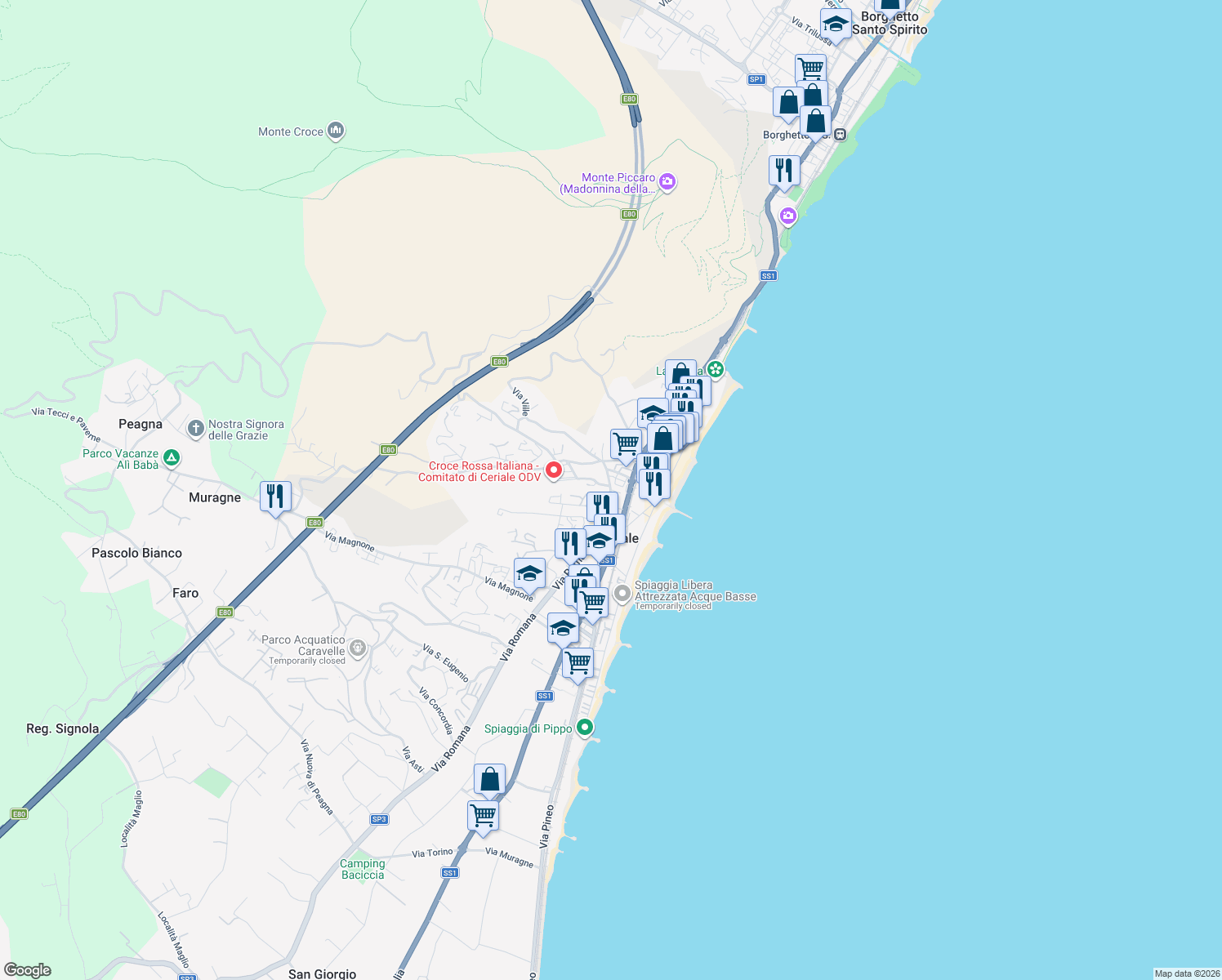 map of restaurants, bars, coffee shops, grocery stores, and more near 45 Via Pontetto in Ceriale