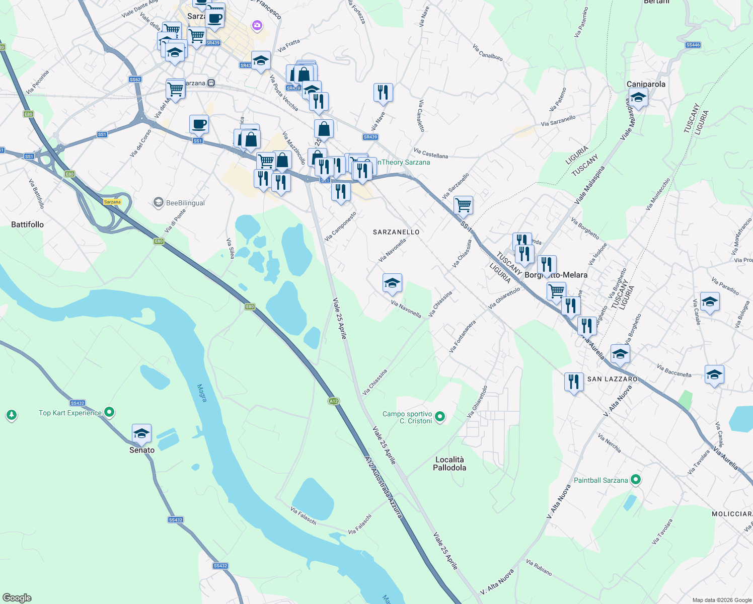 map of restaurants, bars, coffee shops, grocery stores, and more near 19 Via Navonella in Sarzana