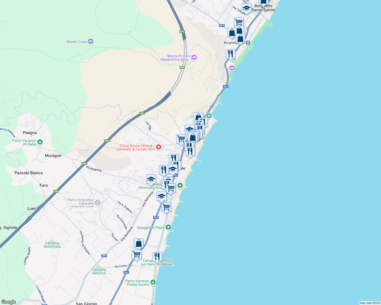 map of restaurants, bars, coffee shops, grocery stores, and more near 59 Via I Maggio in Ceriale