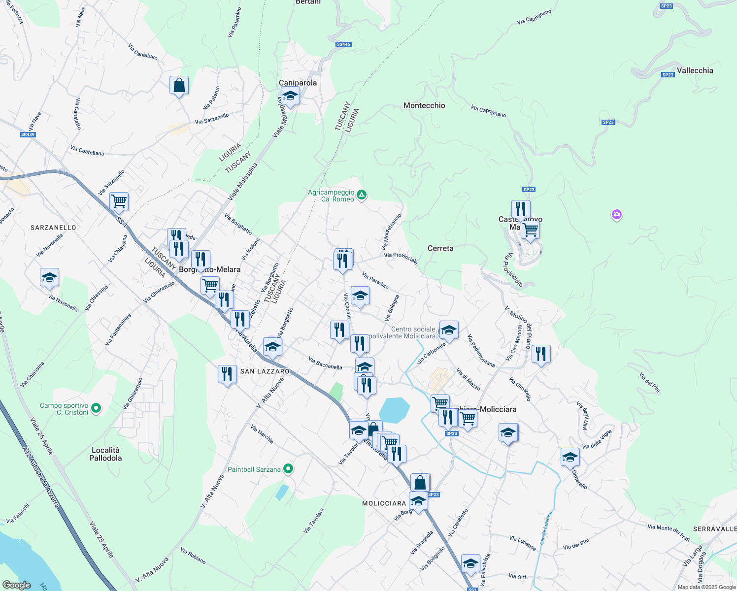 map of restaurants, bars, coffee shops, grocery stores, and more near 118 Via Canale in Colombiera-molicciara