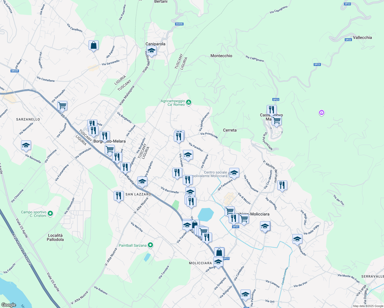 map of restaurants, bars, coffee shops, grocery stores, and more near 118 Via Canale in Colombiera-molicciara