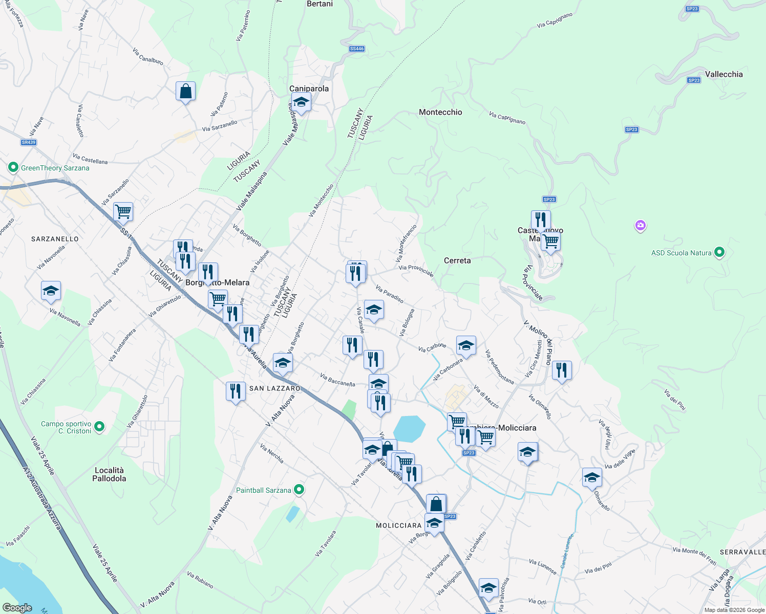 map of restaurants, bars, coffee shops, grocery stores, and more near 118 Via Canale in Colombiera-molicciara