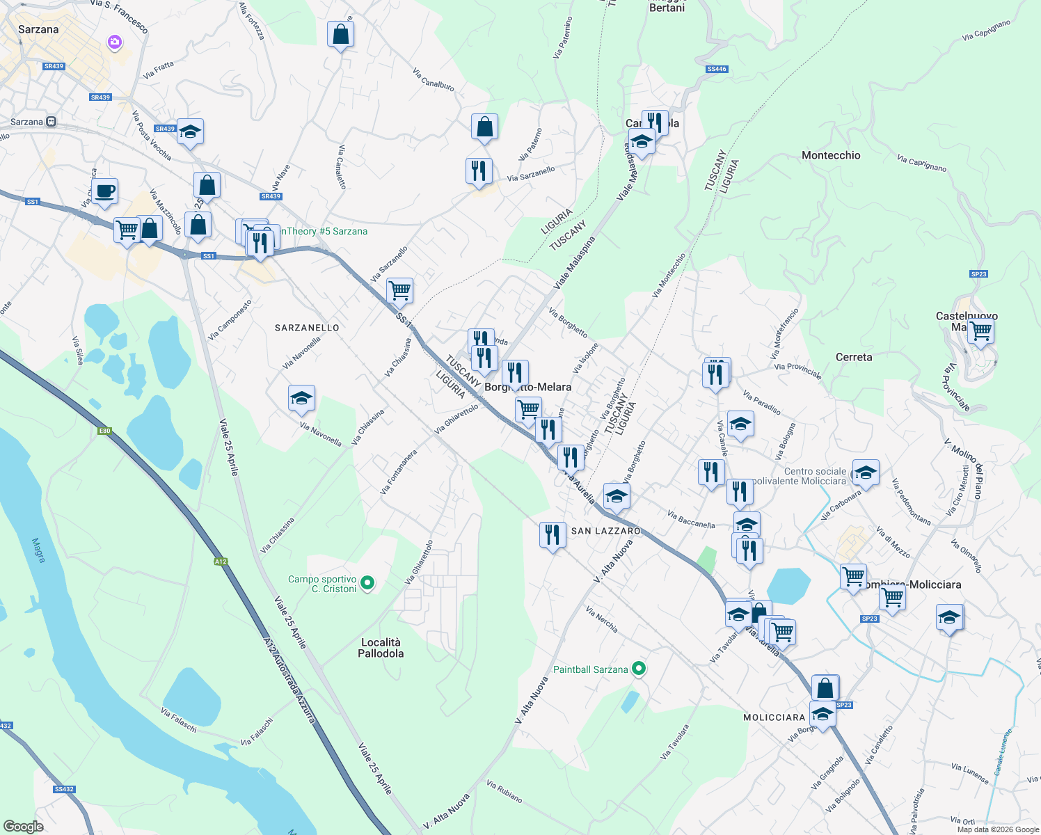 map of restaurants, bars, coffee shops, grocery stores, and more near 32A Via Aurelia in Borghetto-melara