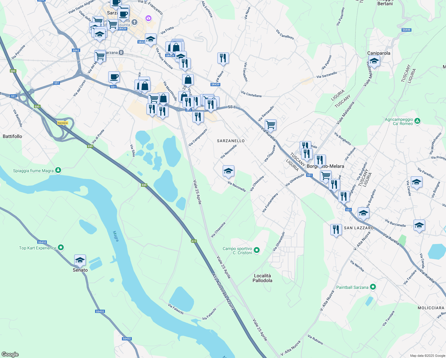 map of restaurants, bars, coffee shops, grocery stores, and more near 19 Via Navonella in Sarzana