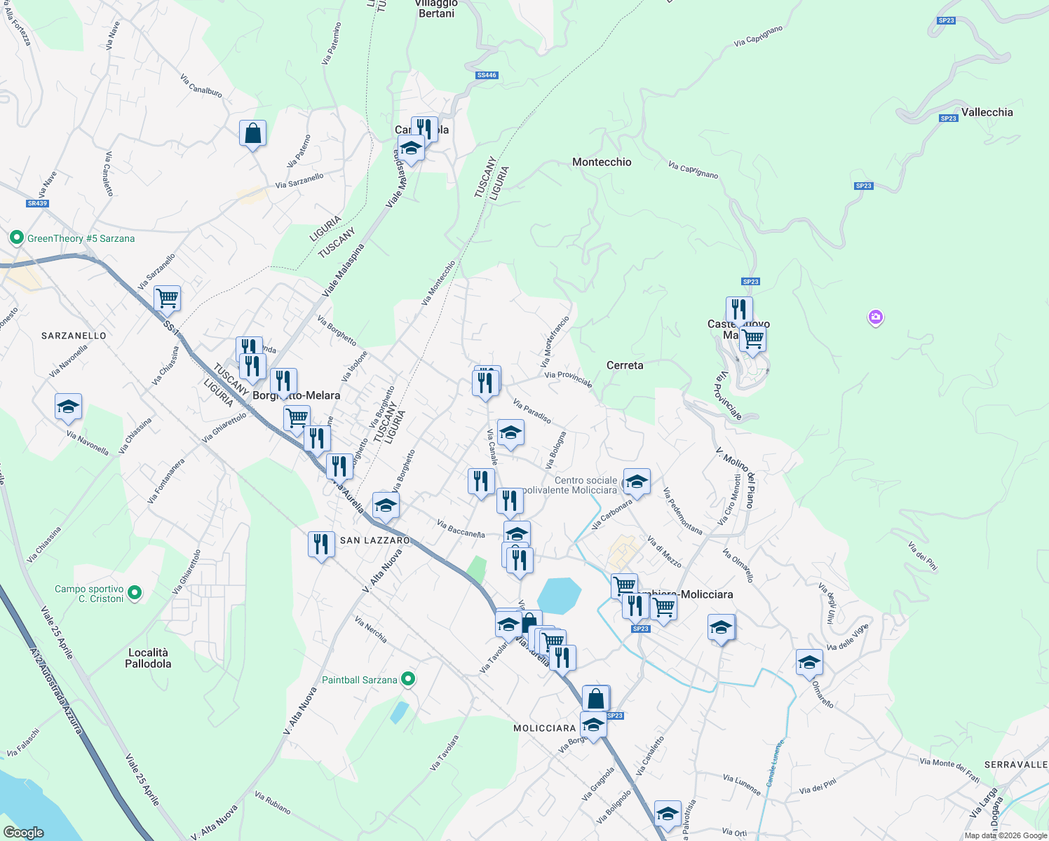 map of restaurants, bars, coffee shops, grocery stores, and more near 1A Via Paradiso in Colombiera-molicciara