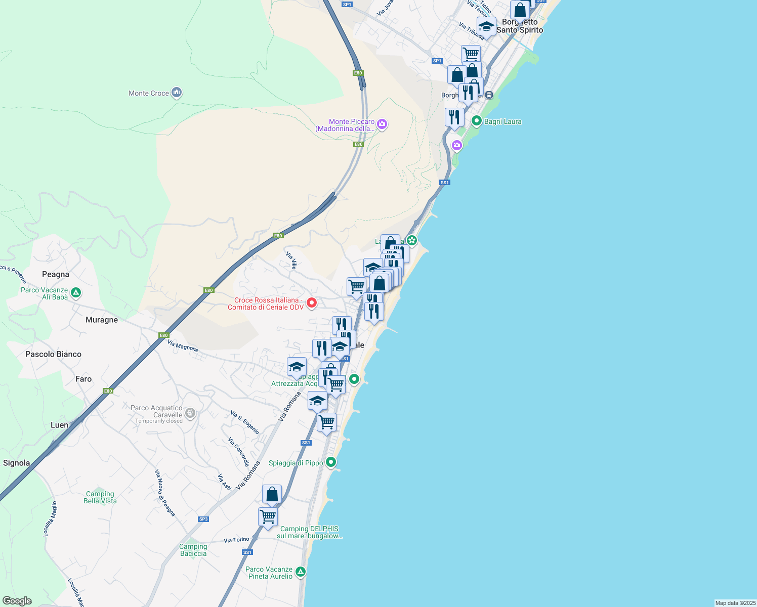 map of restaurants, bars, coffee shops, grocery stores, and more near 36 Lungo Mare A. Diaz in Ceriale