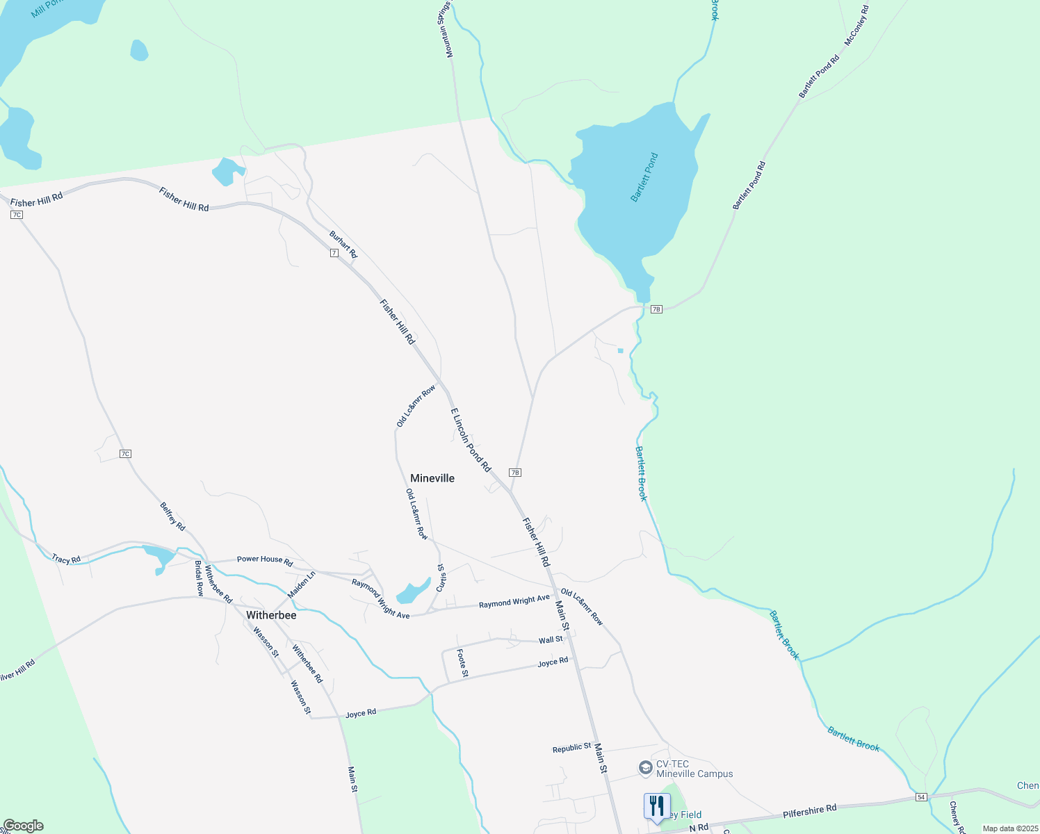 map of restaurants, bars, coffee shops, grocery stores, and more near 49 Bartlett Pond Road in Mineville