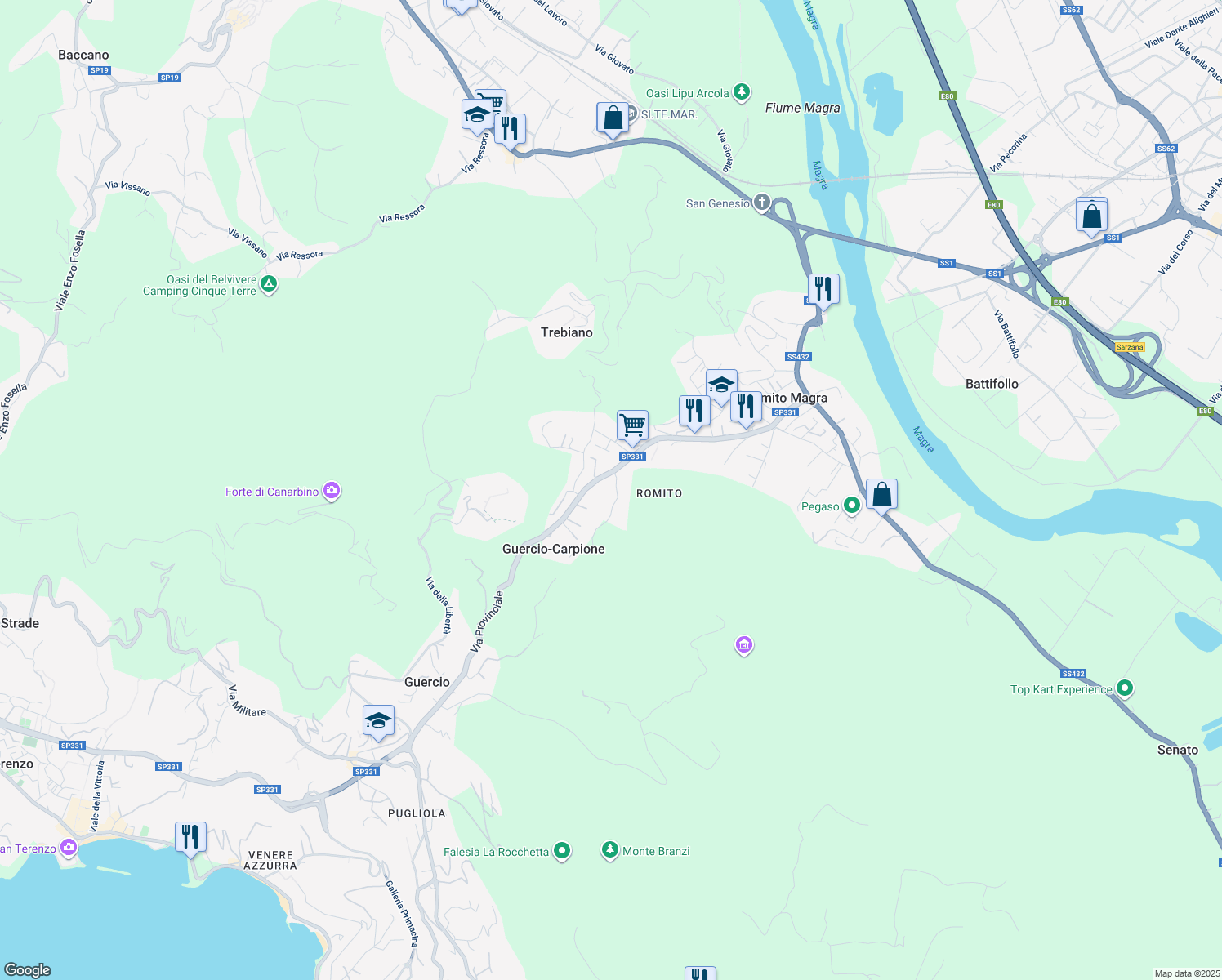 map of restaurants, bars, coffee shops, grocery stores, and more near 386 Via Provinciale in Romito Magra
