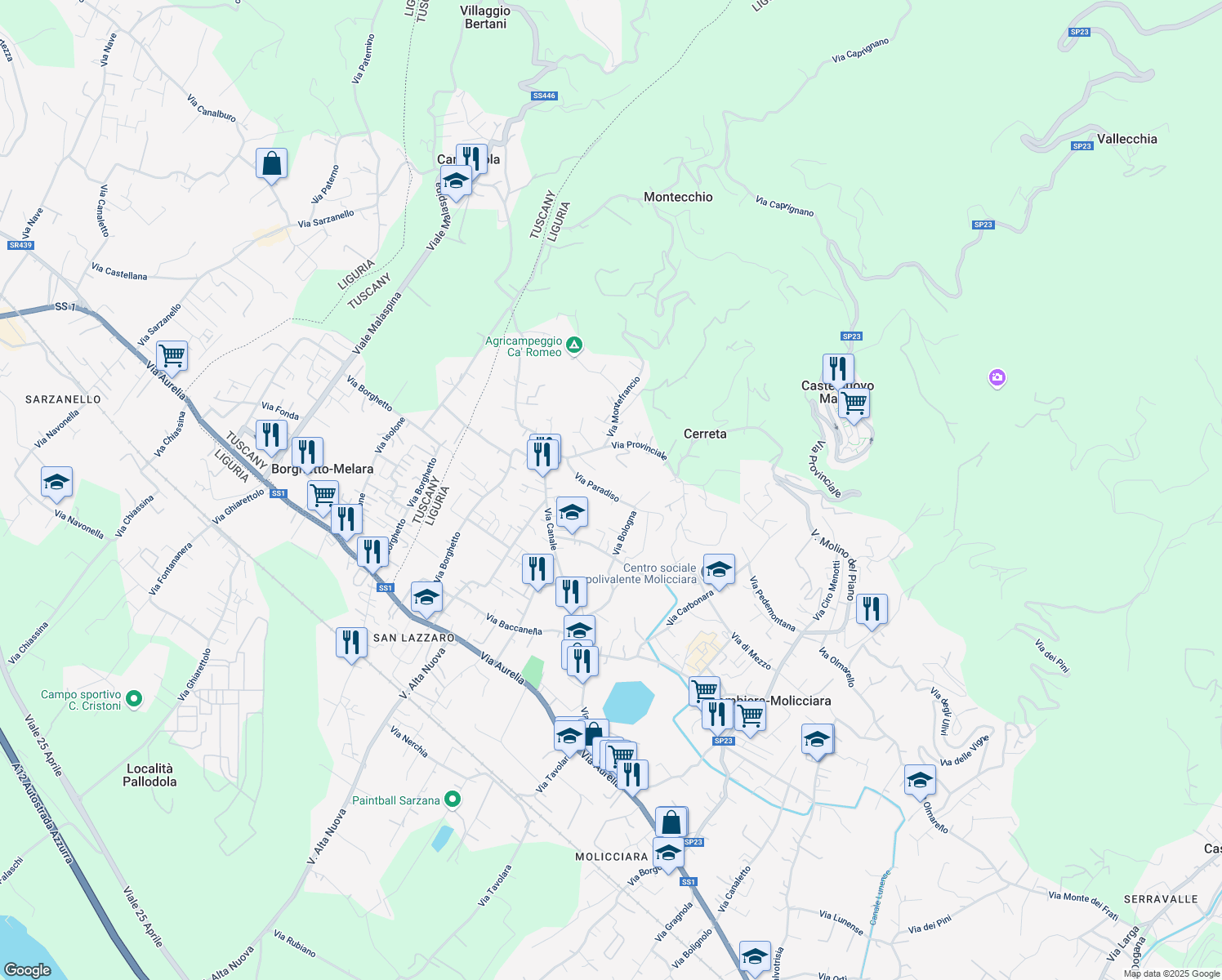 map of restaurants, bars, coffee shops, grocery stores, and more near 5 Via Paradiso in Colombiera-Molicciara