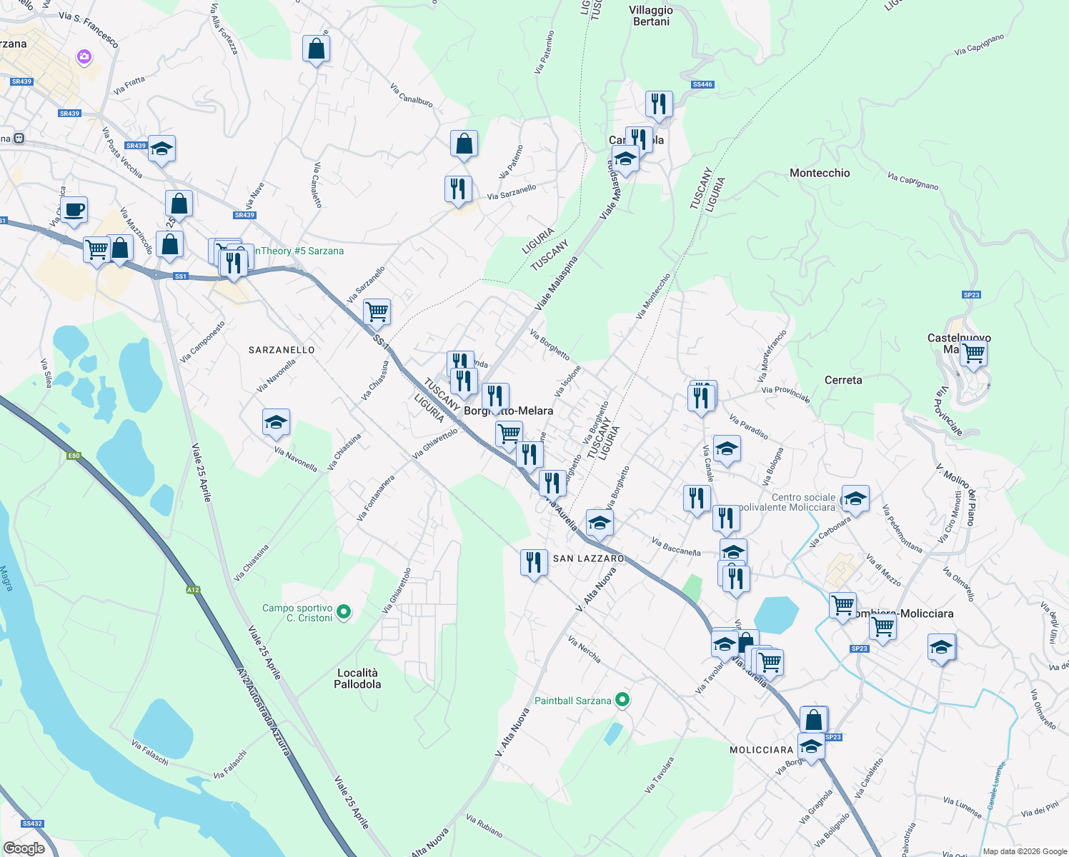map of restaurants, bars, coffee shops, grocery stores, and more near 53 Via Isolone in Borghetto-melara