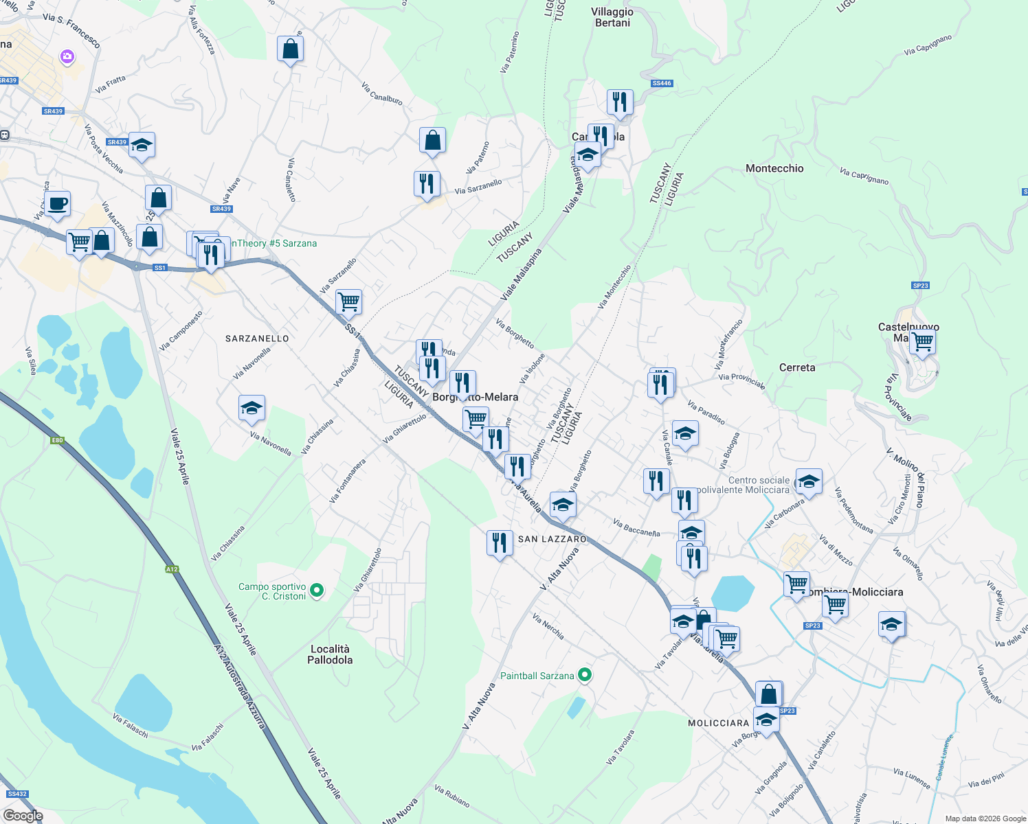 map of restaurants, bars, coffee shops, grocery stores, and more near 53 Via Isolone in Borghetto-melara