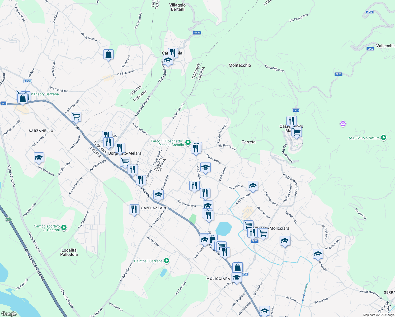map of restaurants, bars, coffee shops, grocery stores, and more near 128 Via Provinciale in Colombiera-molicciara