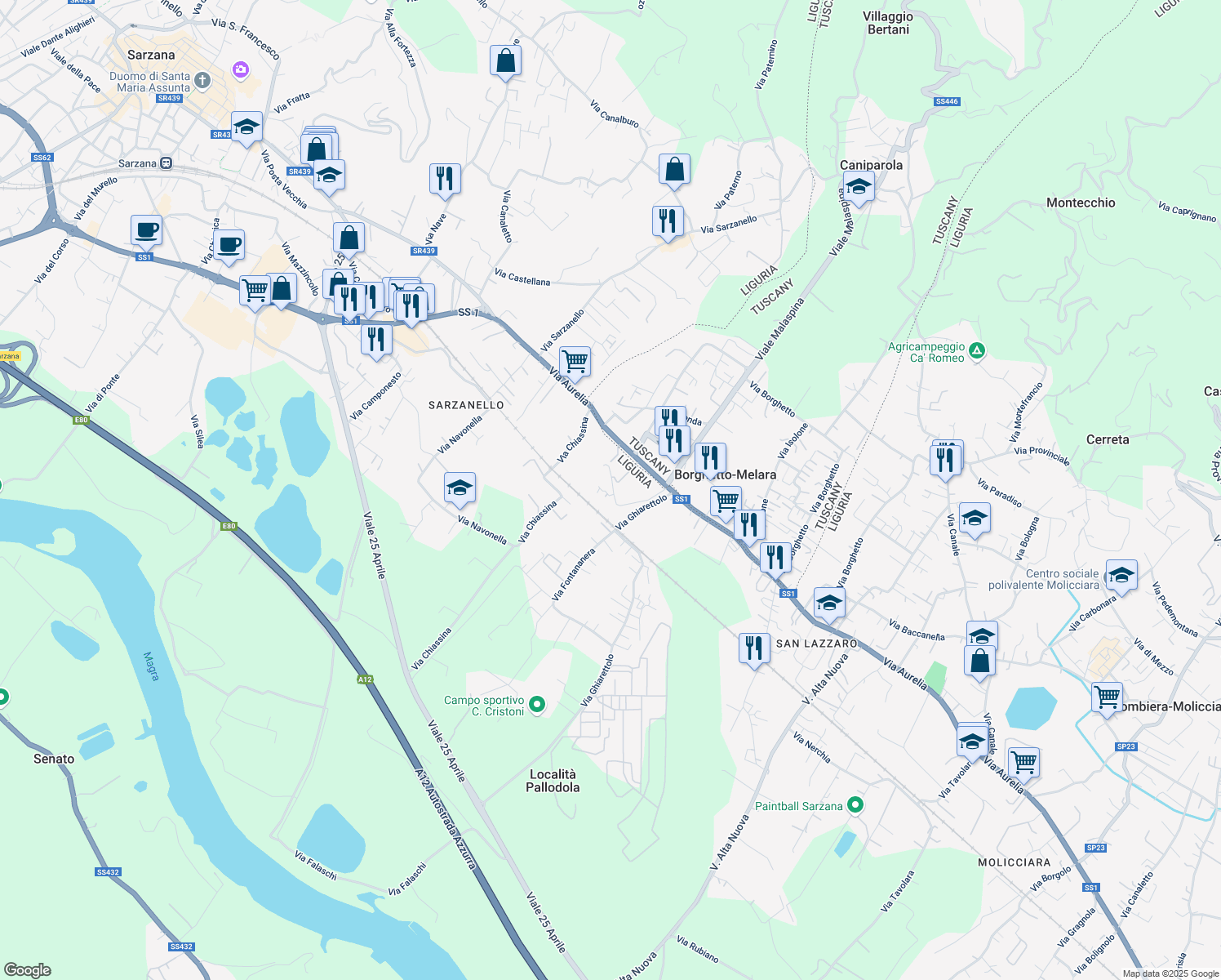 map of restaurants, bars, coffee shops, grocery stores, and more near 13 Via Ponte Isolone in Sarzana