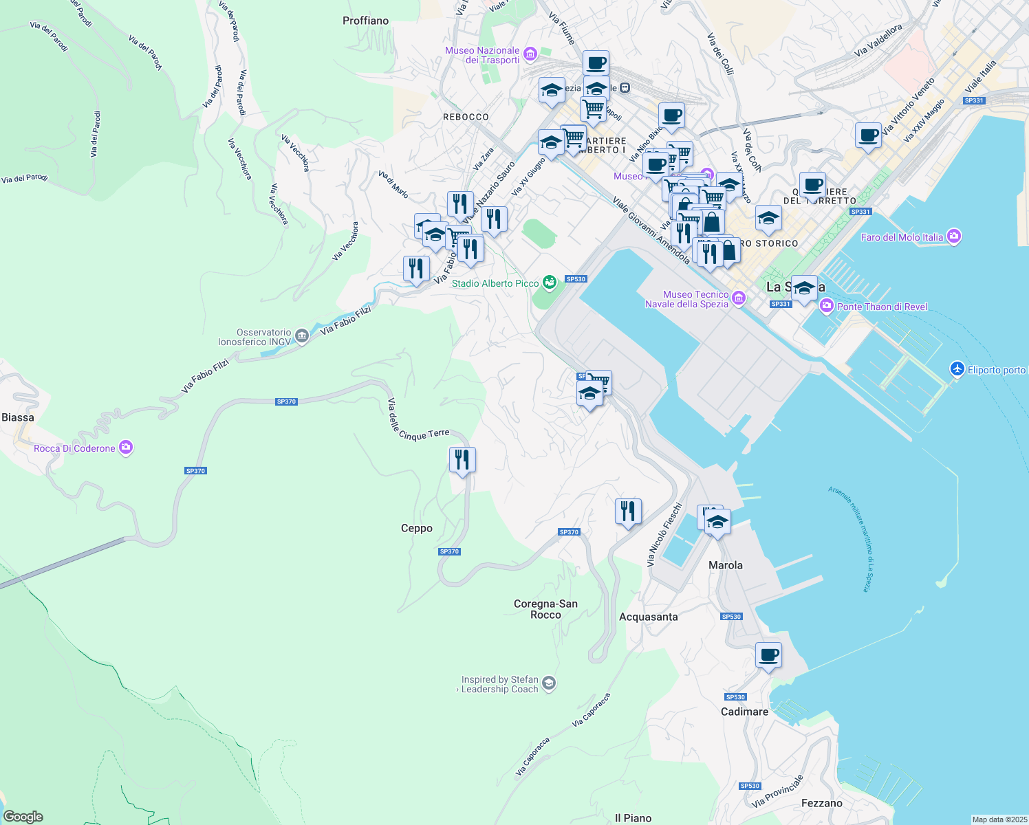 map of restaurants, bars, coffee shops, grocery stores, and more near Via Sant'Andrea in La Spezia