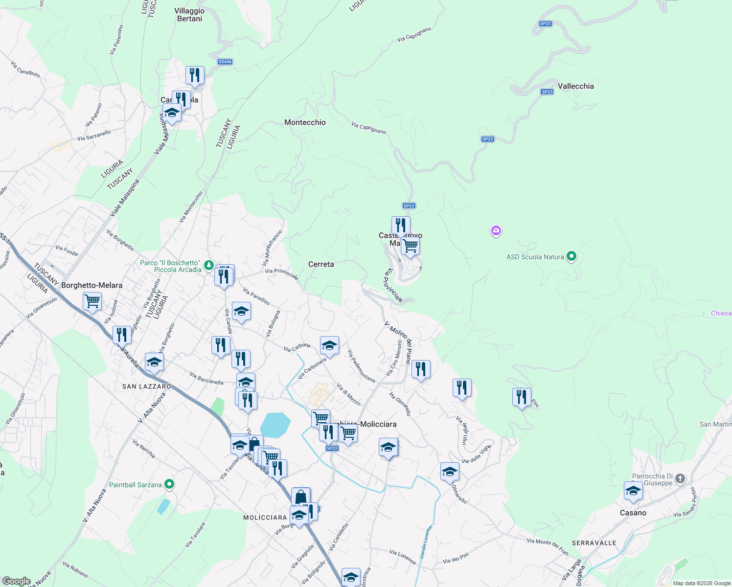 map of restaurants, bars, coffee shops, grocery stores, and more near 209 Via Provinciale in Provincia della Spezia