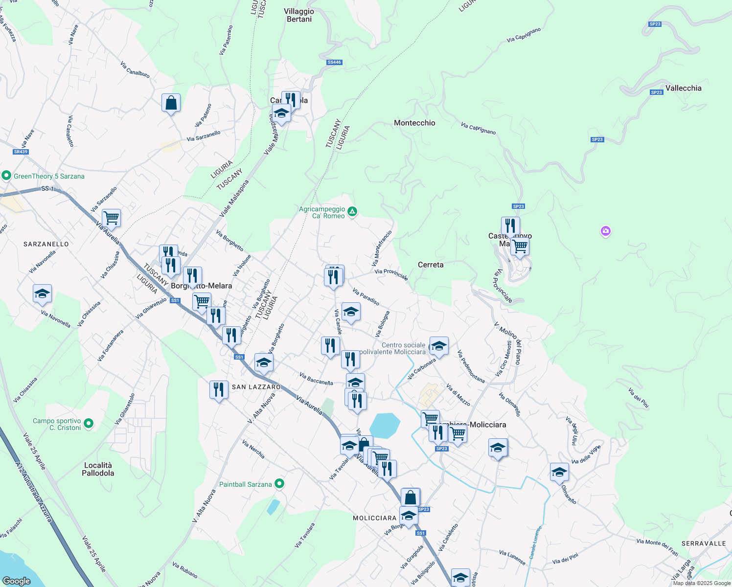 map of restaurants, bars, coffee shops, grocery stores, and more near 1A Via Paradiso in Colombiera-molicciara
