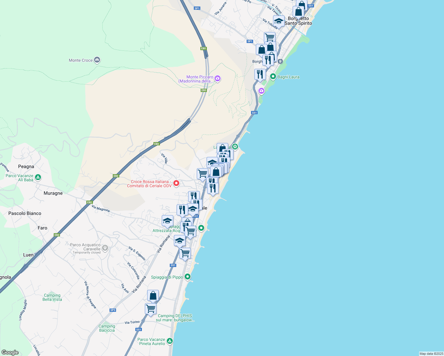 map of restaurants, bars, coffee shops, grocery stores, and more near 36 Lungomare Europa in Varazze