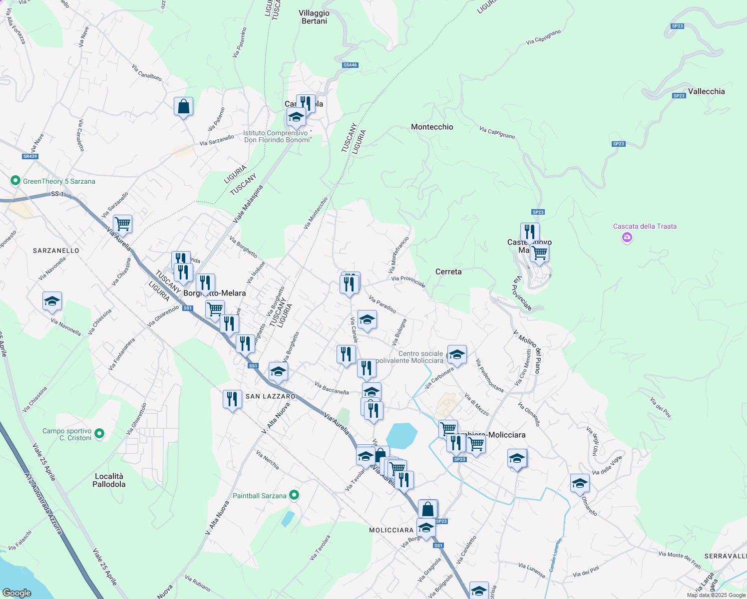 map of restaurants, bars, coffee shops, grocery stores, and more near 1A Via Paradiso in Colombiera-molicciara