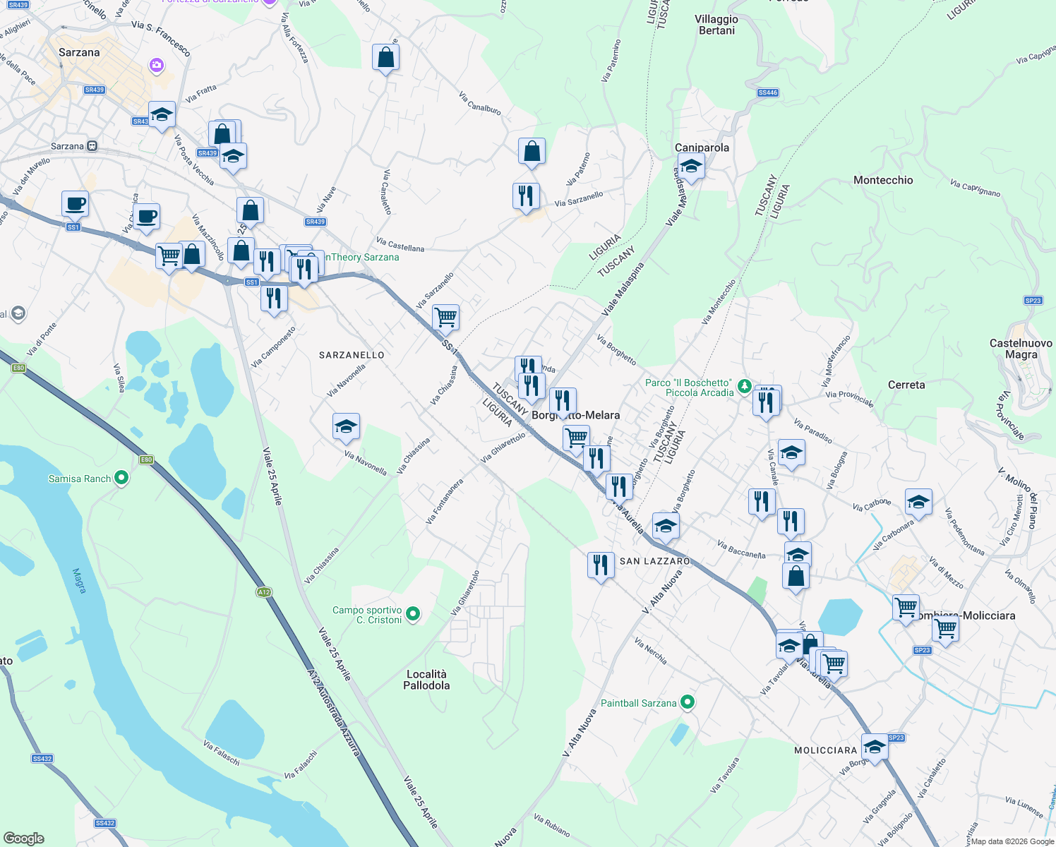 map of restaurants, bars, coffee shops, grocery stores, and more near 54 Strada Statale 1 in Borghetto-melara