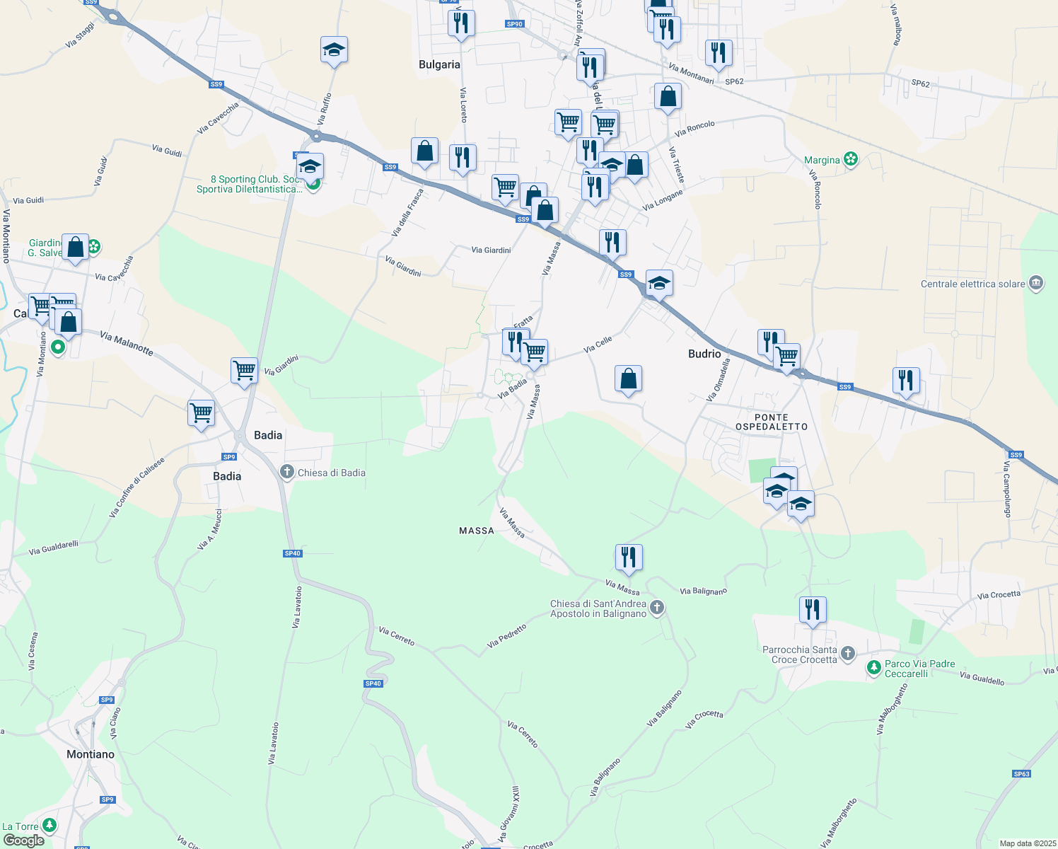 map of restaurants, bars, coffee shops, grocery stores, and more near 1380 Via Massa in Provincia di Forlì-Cesena