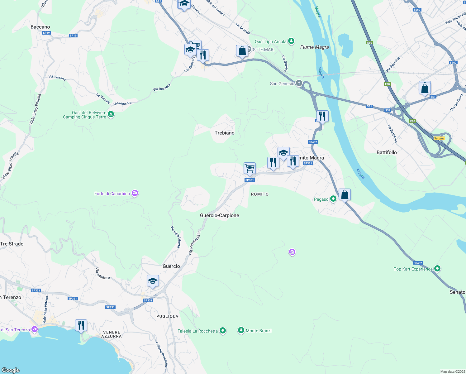 map of restaurants, bars, coffee shops, grocery stores, and more near 386 Via Provinciale in Romito Magra