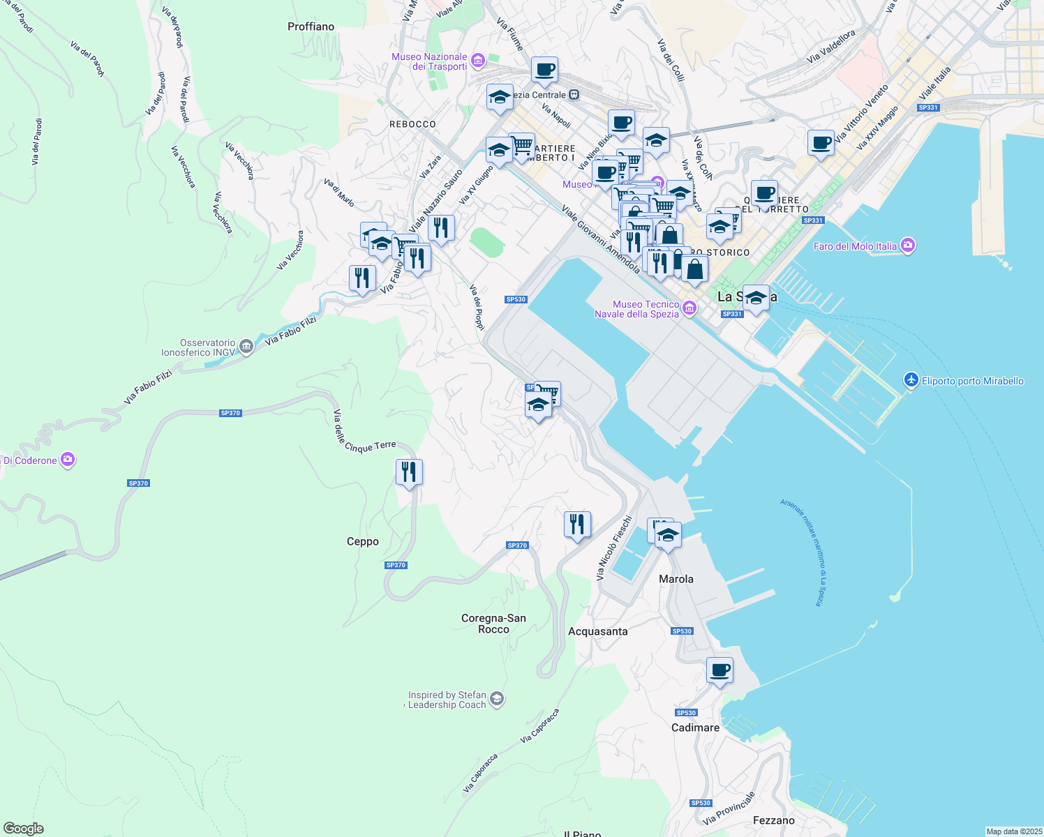 map of restaurants, bars, coffee shops, grocery stores, and more near 45 Via Sant'Antonio Maria Gianelli in La Spezia