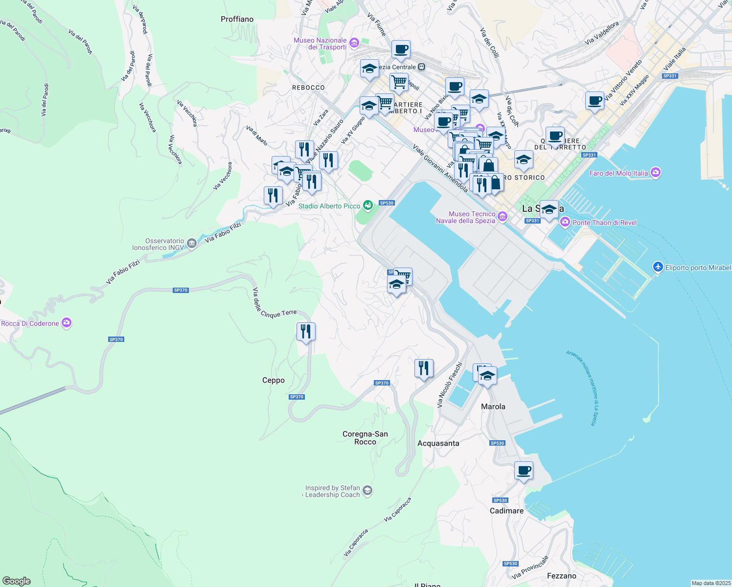 map of restaurants, bars, coffee shops, grocery stores, and more near 89 Via Paverano in La Spezia