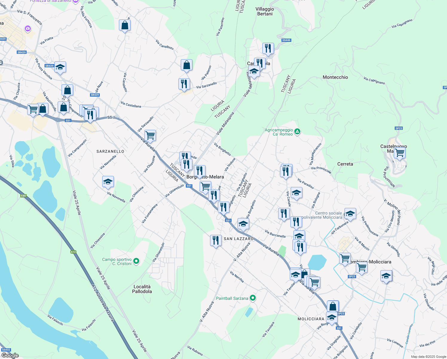 map of restaurants, bars, coffee shops, grocery stores, and more near 72 Via Isolone in Borghetto-melara