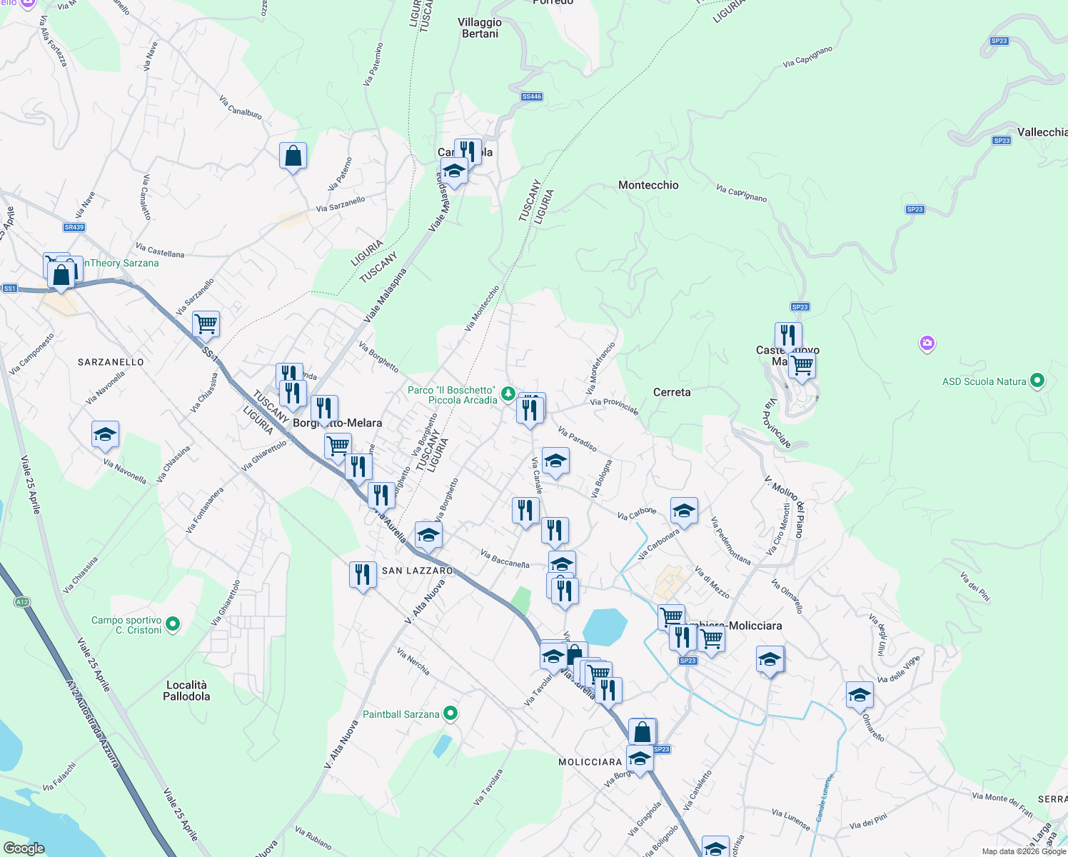 map of restaurants, bars, coffee shops, grocery stores, and more near 128 Via Provinciale in Colombiera-molicciara