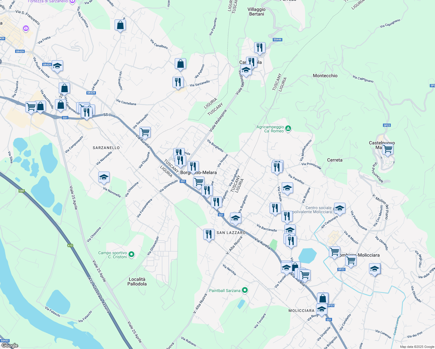 map of restaurants, bars, coffee shops, grocery stores, and more near 72 Via Isolone in Borghetto-melara