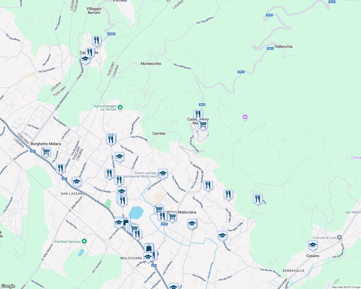 map of restaurants, bars, coffee shops, grocery stores, and more near 209 Via Provinciale in Provincia della Spezia