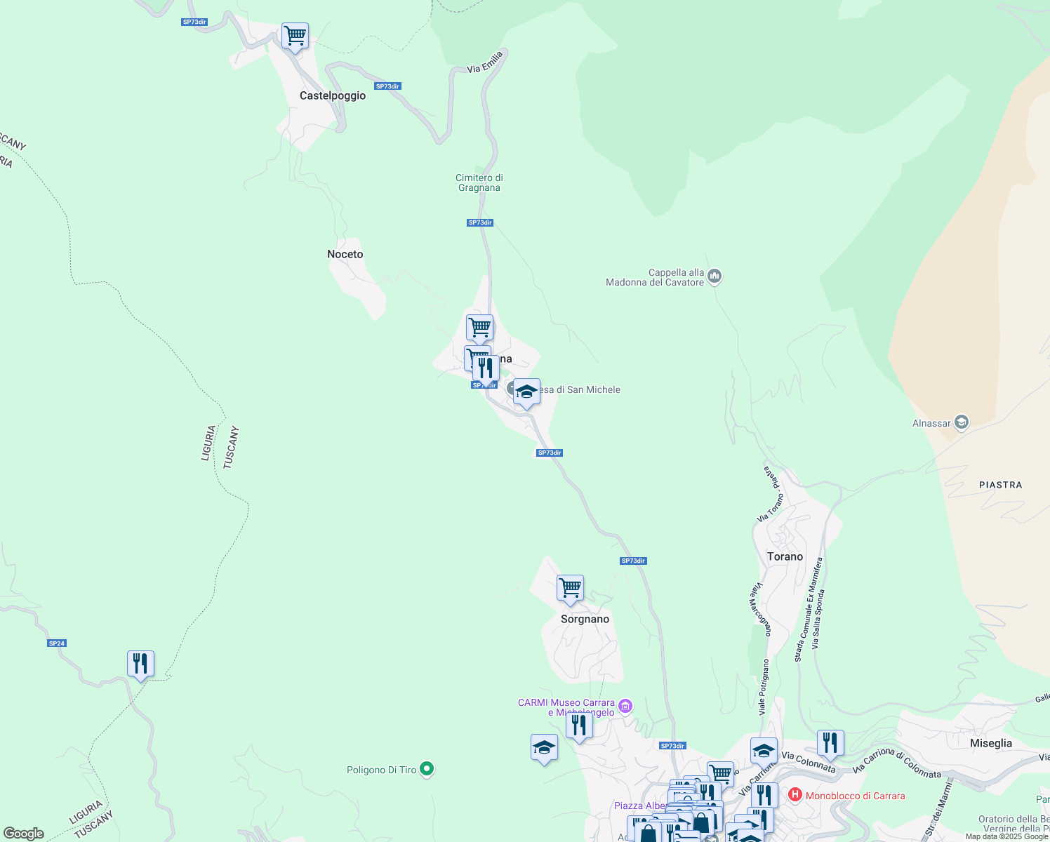 map of restaurants, bars, coffee shops, grocery stores, and more near 34 Via Gragnana in Gragnana