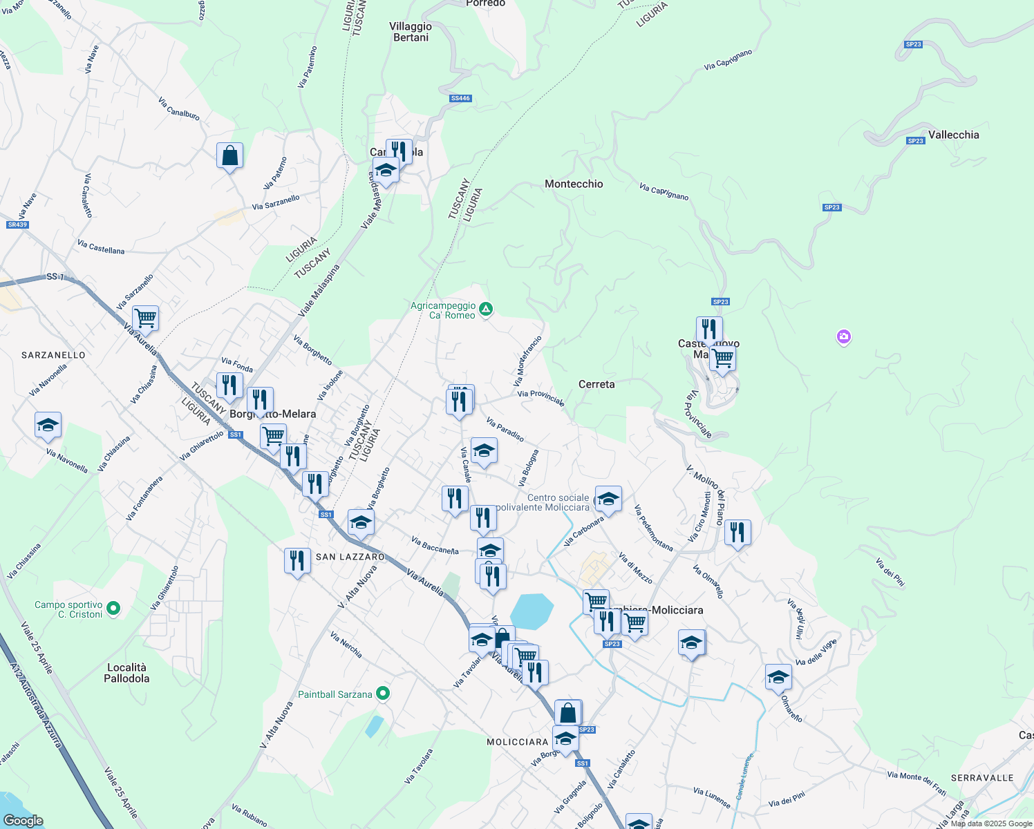 map of restaurants, bars, coffee shops, grocery stores, and more near 5 Via Paradiso in Colombiera-molicciara