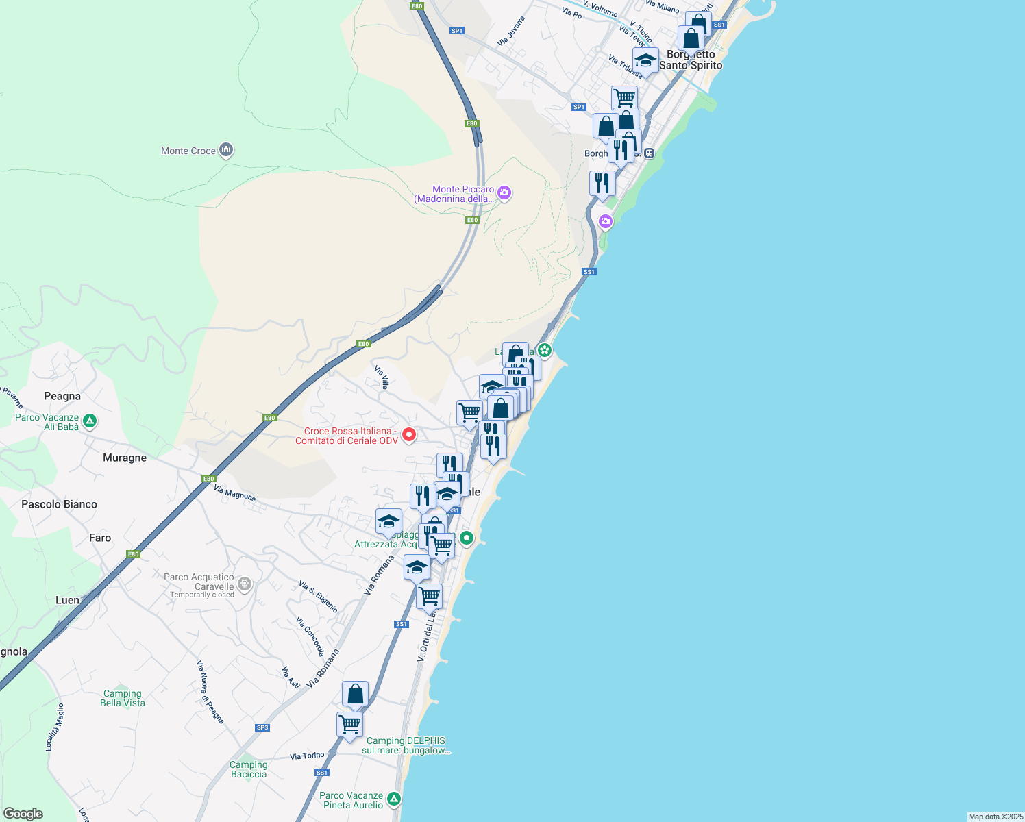 map of restaurants, bars, coffee shops, grocery stores, and more near 36 Lungo Mare A. Diaz in Ceriale